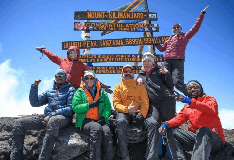 A group of hikers posing with Mount Kilimanjaro sign